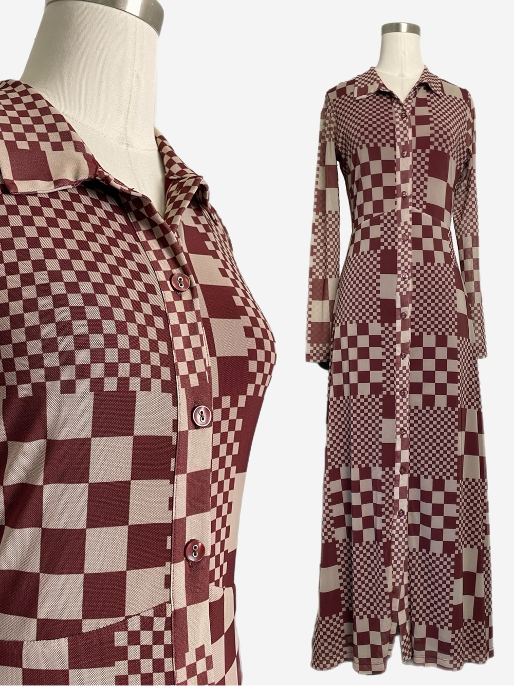 Urban Outfitters red tan Katherine mesh checkerboard button front maxi dress S